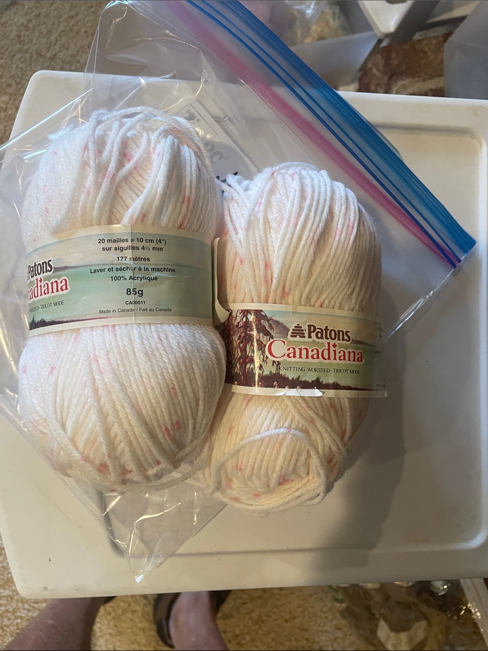 Patons Canadiana White Acrylic Yarn with Pink Flecks - 2 Skeins